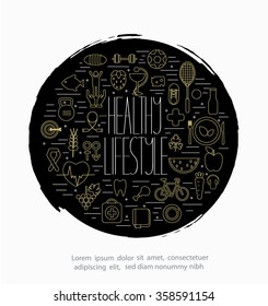 Line style vector illustration design concept of lifestyle in gold and white colors with text label design. Lots of food, sport, medicine symbols isolated on background with place for your text.