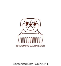 Line style vector illustration with dog with comb. Linear pug icon. Grooming salon logo. Vet clini? background.