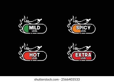 Line style vector illustration of hot chili labels with mild, spicy, hot and extra levels. Hot chili and fire logo