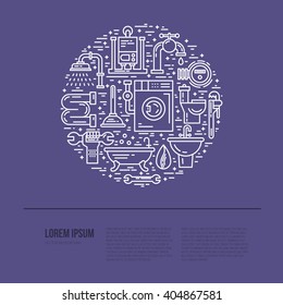 Line style vector illustration of plumbing services. Plumbing symbols - leak, pipe, wrench with place for your text. Plumber service banner template.