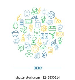 Ilustración vectorial de estilo de línea de recursos renovables. Símbolos de energía verde: panel solar, energía eólica, casa ecológica con lugar para su texto. concepto de energía alternativa aislado en el fondo.