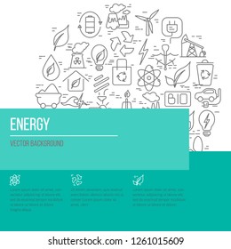 Line style vector illustration of renewable resources. Green energy symbols - solar panel, wind energy, eco house with place for your text. alternative energy concept isolated on background.