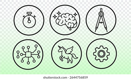 Line style vector illustrations include brain stopwatch unicorn gear. Concept innovation kids education logic fantasy memory games creativity. School background vector art