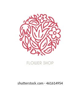 Line style vector logo with beautiful flowers. Perfect logo for flower shop, flower delivery or beauty salon. Branding design element - isolated and easy to use. Organic cosmetic symbol.