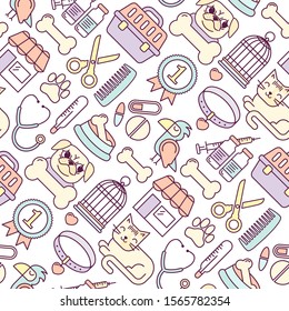 Line style vector seamless illustration with pets icons. Linear vet pattern on white. Line style veterinarian background. Goods for cats and dogs.