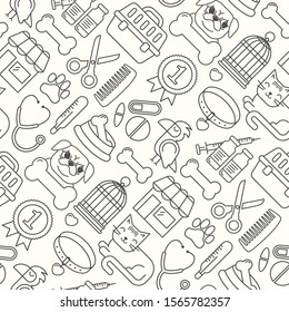 Line style vector seamless illustration with pets icons. Linear vet pattern on white. Line style veterinarian background. Goods for cats and dogs.