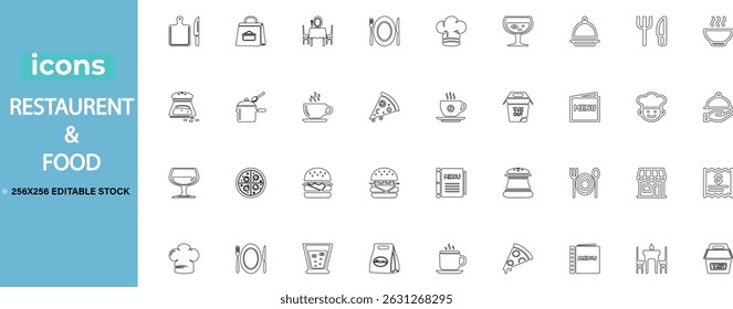 Conjunto de Vector estilo línea para chefs, restaurantes y empresas de alimentos.