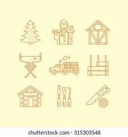 Line style vector set of lumberjack symbols, timber industry and woodwork. Unique and modern set of symbols isolated on background.