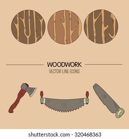 Line style vector set of woodwork symbols and timber industry