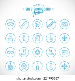 Line Style Vector Ski Resort Vacation Icon Set Isolated