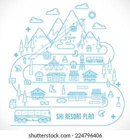 Line Style Vector Ski Resort Plan Vacation Illustration Isolated