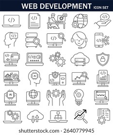 Line style web development icon set featuring coding, AI, cloud computing, data analytics, server security, and digital communication elements. Ideal for tech, IT design projects.