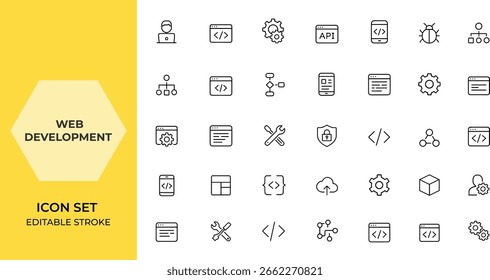 Ícones de desenvolvimento da Web de estilo de linha definidos para aplicativos móveis e Web. Programador de codificação, desenvolvedor, API, código, correção de bug, nó de conexão, web coder, fluxo, design de aplicativo, ilustração de vetor e muito mais.