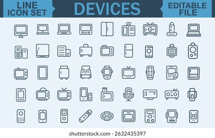 Line Style Web Icon Set of Electronic Devices and Gadgets Featuring Smart Technology, Computer Monitor, Smartphone, Tablet, Laptop, and Drone for Web and Mobile App Design