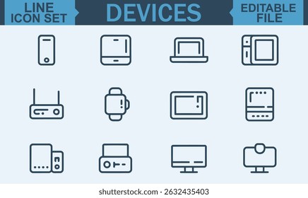 Line Style Web Icon Set of Electronic Devices and Gadgets Featuring Smart Technology, Computer Monitor, Smartphone, Tablet, Laptop, and Drone for Web and Mobile App Design