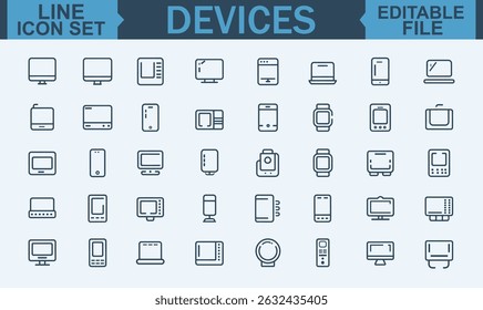 Line Style Web Icon Set of Electronic Devices and Gadgets Featuring Smart Technology, Computer Monitor, Smartphone, Tablet, Laptop, and Drone for Web and Mobile App Design