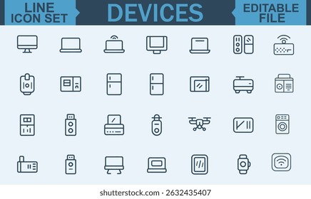 Line Style Web Icon Set of Electronic Devices and Gadgets Featuring Smart Technology, Computer Monitor, Smartphone, Tablet, Laptop, and Drone for Web and Mobile App Design