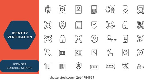 Ícone da Web de estilo de linha definido para verificação e autenticação de identidade. Inclui impressão digital, identificação facial, passaporte, reconhecimento de voz, DNA, cartão de identificação para celular e aplicativo Web. Ilustração vetorial e muito mais.