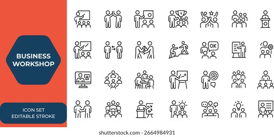 Line style web icon set of business workshop, teamwork, coaching, team building, managing, meeting, motivation icons for mobile and web apps, collaboration, leadership, training, productivity and more