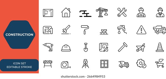 Baukasten für Websymbole im Linienstil. Baumeister, Reparatur zu Hause, Kran, Werkzeuge, Bagger, Land, Bauunternehmer, Gebäude-Symbole für mobile App und Web. Vektorgrafik, Architektursymbole, Industrie