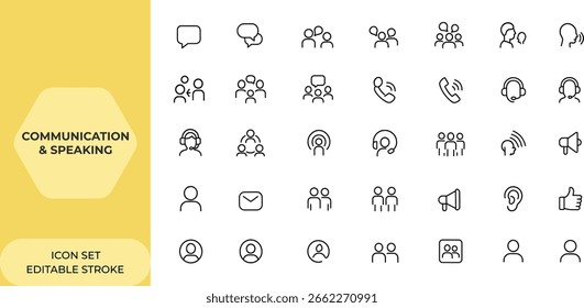Conjunto de iconos web de estilo de línea para la comunicación y el habla. Burbuja de discurso, discusión, hablar, personas, equipo, iconos de Asistencia para App móvil e interfaz de Web, chat, conversación, diálogo y más.