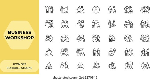 Line style web and mobile app icons set for business workshop: teamwork, coaching, motivation, team building, managing, meeting, collaboration, leadership, training, management, and more.