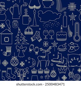 Line style winter and new year elements seamless pattern made in vector. Lots of New Year and Christmas and winter symbols on the blue background. Paper, wrapping paper, package, etc.