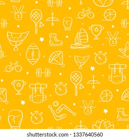 Gelbes Sportmuster im Linienstil. Doodle, nahtloser Hintergrund. Das moderne und leichte Muster eignet sich ideal für Werbeprodukte, Textilien, Websites, Identität, Verpackung und vieles mehr
