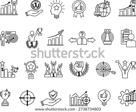 Line Success Icon Set. Vector Icons: Goal, Trophy, Achievement, Strategy, Security, Motivation, Potential, Victory, Solution, Reward, Mission, Triumph, and More
