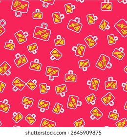Line Suitcase for travel icon isolated seamless pattern on red background. Traveling baggage sign. Travel luggage icon.  Vector
