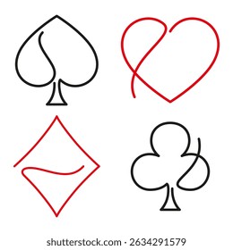 Line suits of playing cards. Cards symbols vector illustration symbols isolated on white background. Minimalist deck sign vector icon set. Diamonds, hearts, clubs, spades symbol.