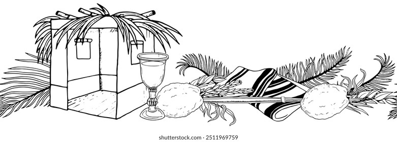 Line sukkah hut with symbolic plants for Sukkot flat vector seamless border in black and white with etrog, four species, tallit and palm leaves for Jewish holiday endless designs