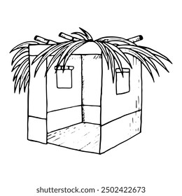 Line Sukkah with palm leaves on the top black and white vector illustration for Sukkot Jewish holiday. Hand drawn succah hut ink sketch in simple style