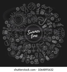 Line summer sea  doodle beach vacation fish toys icons vector frame border vector illustration