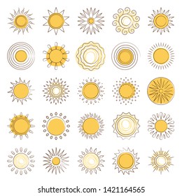 Line sun icons collection with decorative elements vector isolated on white background