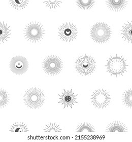 Line sun pattern. Seamless print with sun bohemian decorative outline elements. Vector texture of bohemian seamless line pattern illustration