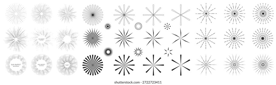 Línea de rayos de sol puesta. Icono de explosión de estrella, colección de Formas radiales de explosión de sol. Rayos de sol circulares lineales, símbolos de sol radiante abstracto, marcos de brillo solar