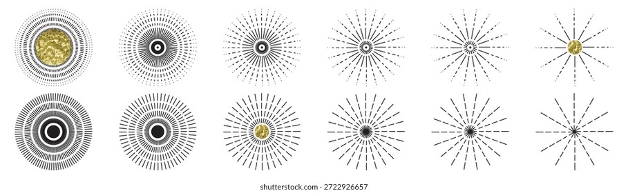 Raios solares de linha. Ícone de intermitência de estrela, coleção de formas radiais de intermitência solar. Feixes de sol circulares lineares, símbolos abstratos de luz solar radiante, quadros de brilho solar