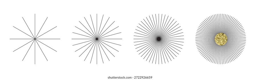 Line sun ray set. Star burst icon, sunburst radial shapes collection. Linear circular sunbeams, abstract radiant sunshine symbols, solar sparkle frames