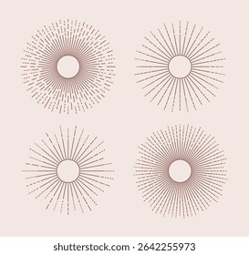 Line sunburst, sunshine, explosion set. Vintage bohemian sunburst, starburst collection. Minimalist sun beam, rays icons.