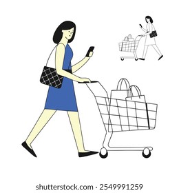  Linha em ou Supermercado Vire com mercadorias no carrinho de compras Coloque Compras em forma online ideia para mídia de impressão da web store, e ícone de aplicativos móveis 