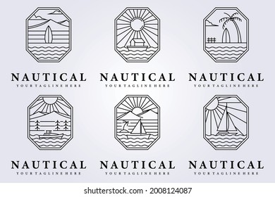 line surf, nautical ocean logo mountain beach tourism vector illustration design sail boat creek river icon symbol