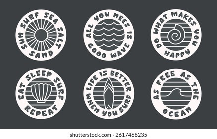Line surfing art minimalist simple badge. Tropical ocean, sea, quote about surf vector illustrations set.