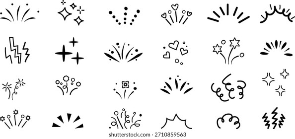 Conjunto de elementos de icono de sorpresa de línea. Línea dibujada a mano estalla el sol, destellos de estrellas de dibujos animados y rayos sorpresa juguetones con estallido estelar cómico y Elementos de efectos cómicos de sol caprichosos. Ilustración vectorial.
