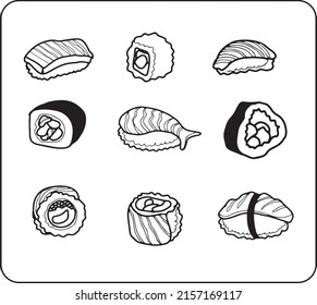Line sushi and rolls icon set, vector design.