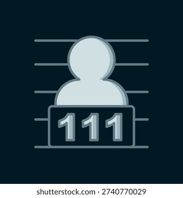 Line Suspect criminal icon isolated on black background. The criminal in prison, suspected near the board. Flat filled outline style with shadow. Vector