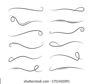 Line swirl. Calligraphy element. Vintage ornate ornament. Decorative divider and scroll. Doodle swash. Curly decoration design. Swirly graphic curl. Hand drawn calligraphic set of lines. Vector.