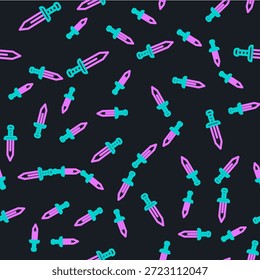 Line Sword icon isolated seamless pattern on black background. Medieval weapon.  Vector