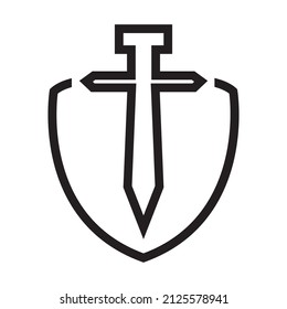 line sword with shield logo design, vector graphic symbol icon illustration creative idea