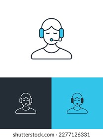 Símbolo de línea del operador del centro de llamadas con auriculares. Concepto de servicio de asistencia al cliente. Iconos vectores en 3 fondos diferentes.
